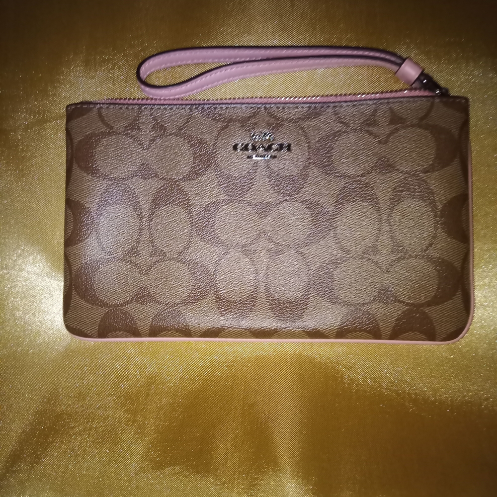 Coach Brown Signature Canvas Wristlet with Pink Trim
